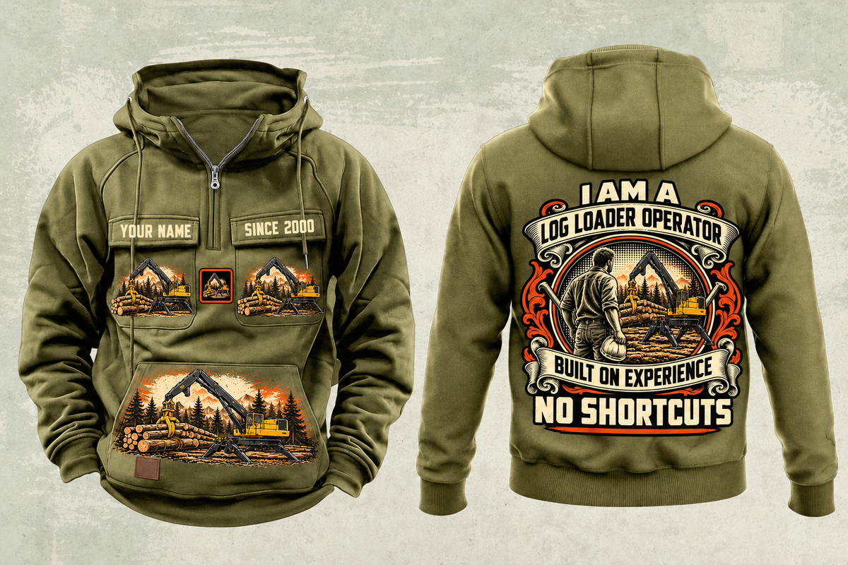 Personalized Tigercat 234C Log Loader Operator Vintage Hoodie in military-green, front and back artwork with YOUR NAME and SINCE 2000 sample text.
