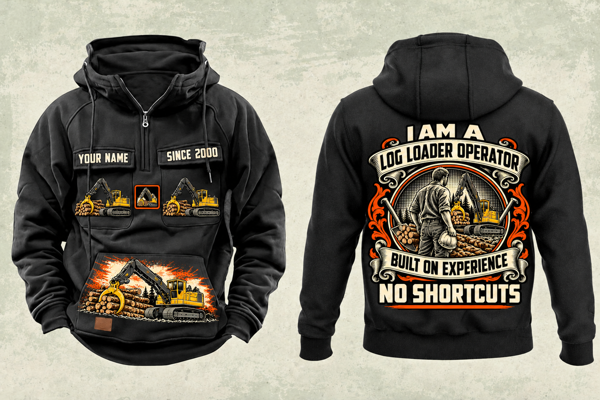 Personalized Tigercat T250E Log Loader Operator Vintage Hoodie in black, front and back artwork with YOUR NAME and SINCE 2000 sample text.