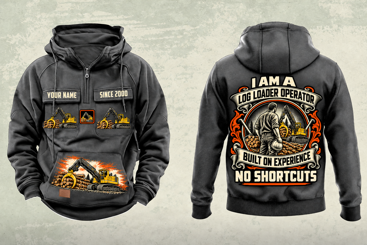 Personalized Tigercat T250E Log Loader Operator Vintage Hoodie in dark-gray, front and back artwork with YOUR NAME and SINCE 2000 sample text.