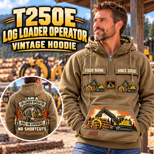 Personalized Tigercat T250E Log Loader Operator Vintage Hoodie in Kaki, front and back artwork with YOUR NAME and SINCE 2000 sample text.
