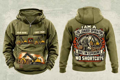 Personalized Tigercat T250E Log Loader Operator Vintage Hoodie in military-green, front and back artwork with YOUR NAME and SINCE 2000 sample text.