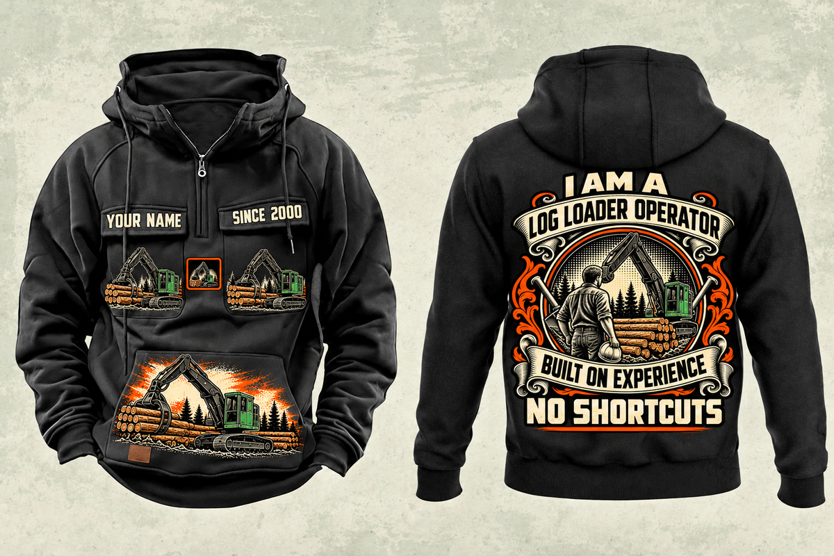 Personalized John Deere 2656G Log Loader Operator Vintage Hoodie in black, front and back artwork with YOUR NAME and SINCE 2000 sample text.