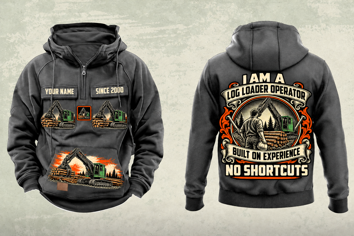 Personalized John Deere 2656G Log Loader Operator Vintage Hoodie in dark-gray, front and back artwork with YOUR NAME and SINCE 2000 sample text.
