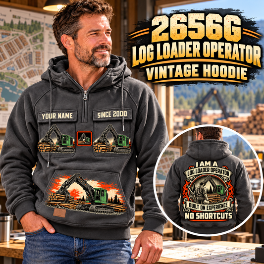 Personalized John Deere 2656G Log Loader Operator Vintage Hoodie in Dark Gray, front and back artwork with YOUR NAME and SINCE 2000 sample text.