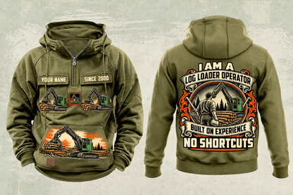 Personalized John Deere 2656G Log Loader Operator Vintage Hoodie in military-green, front and back artwork with YOUR NAME and SINCE 2000 sample text.