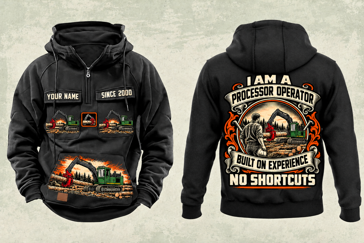 Personalized John Deere 2154G with Waratah HTH622B Processor Operator Vintage Hoodie in black, front and back artwork with YOUR NAME and SINCE 2000 sample text.