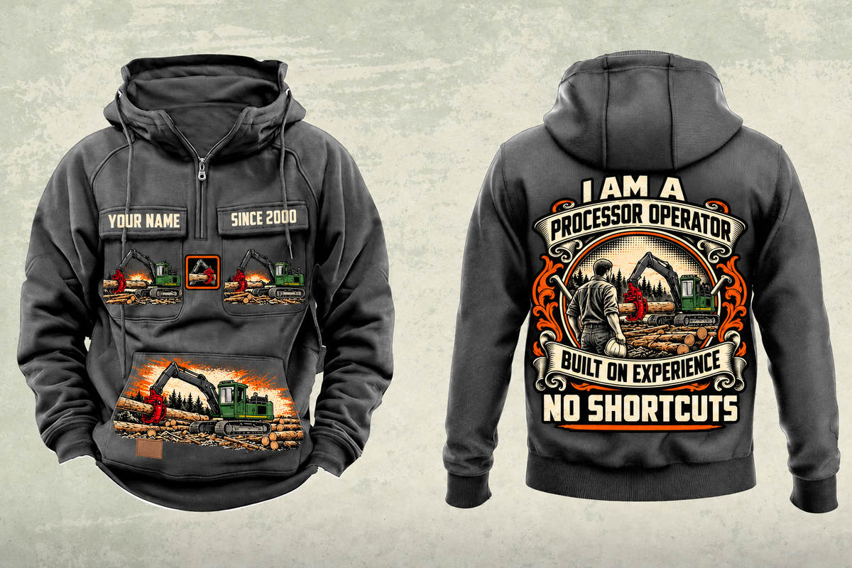 Personalized John Deere 2154G with Waratah HTH622B Processor Operator Vintage Hoodie in dark-gray, front and back artwork with YOUR NAME and SINCE 2000 sample text.