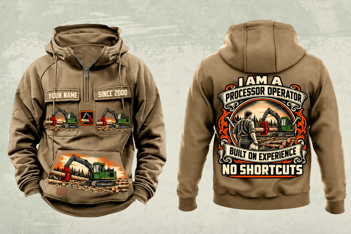 Personalized John Deere 2154G with Waratah HTH622B Processor Operator Vintage Hoodie in kaki, front and back artwork with YOUR NAME and SINCE 2000 sample text.