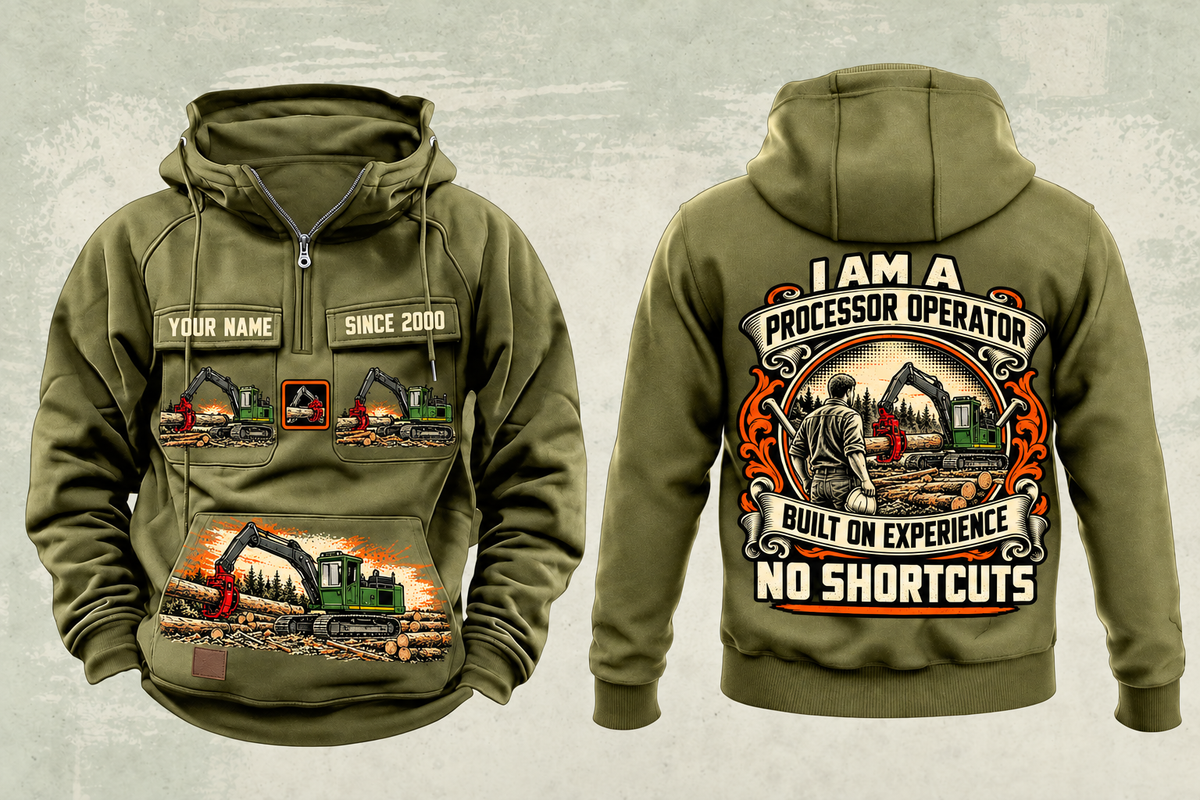 Personalized John Deere 2154G with Waratah HTH622B Processor Operator Vintage Hoodie in military-green, front and back artwork with YOUR NAME and SINCE 2000 sample text.
