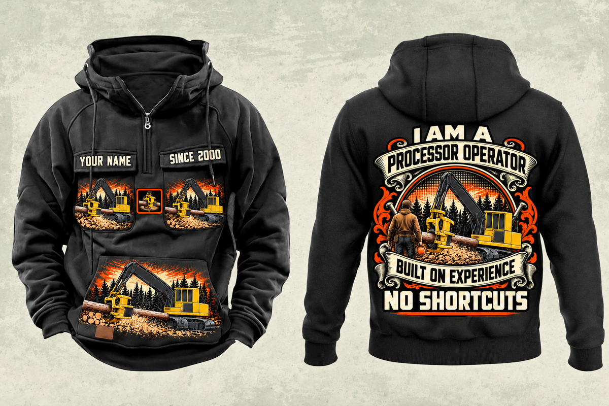 Personalized Tigercat H250D with 575 Processor Operator Vintage Hoodie in black, front and back artwork with YOUR NAME and SINCE 2000 sample text.