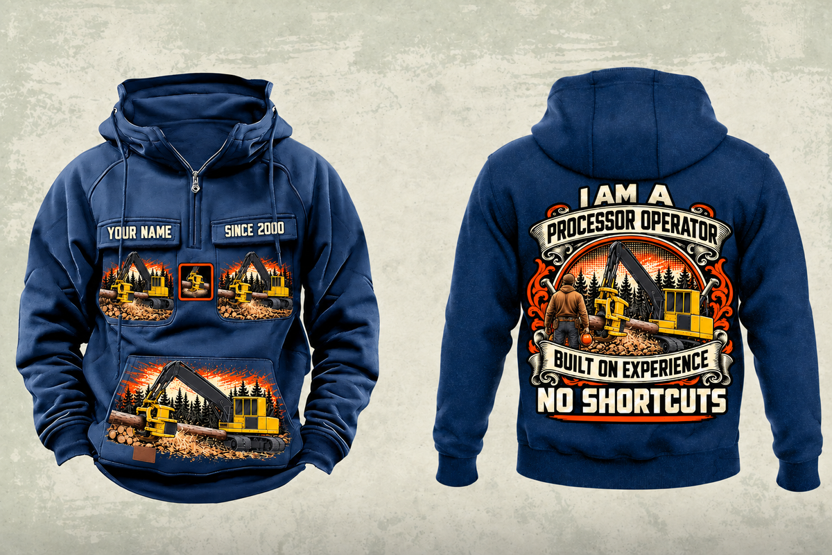 Personalized Tigercat H250D with 575 Processor Operator Vintage Hoodie in dark-blue, front and back artwork with YOUR NAME and SINCE 2000 sample text.