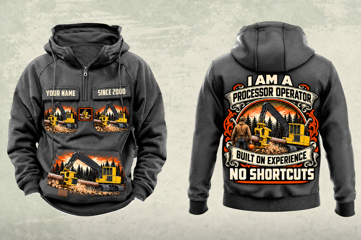 Personalized Tigercat H250D with 575 Processor Operator Vintage Hoodie in dark-gray, front and back artwork with YOUR NAME and SINCE 2000 sample text.