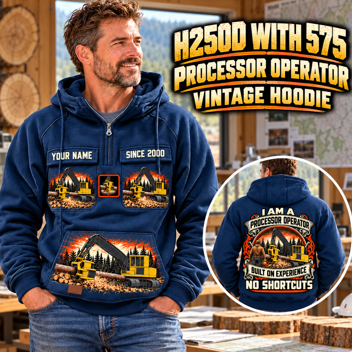 Personalized Tigercat H250D with 575 Processor Operator Vintage Hoodie in Dark Blue, front and back artwork with YOUR NAME and SINCE 2000 sample text.