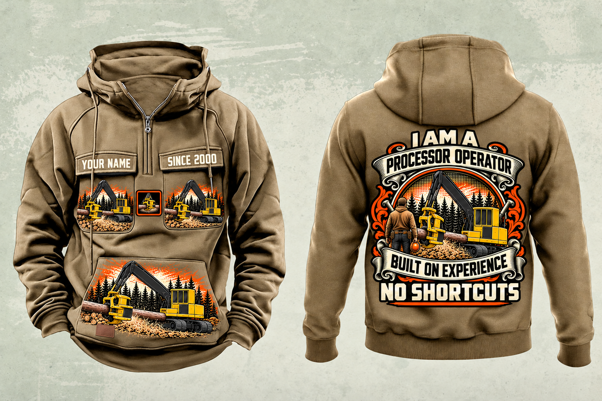 Personalized Tigercat H250D with 575 Processor Operator Vintage Hoodie in kaki, front and back artwork with YOUR NAME and SINCE 2000 sample text.