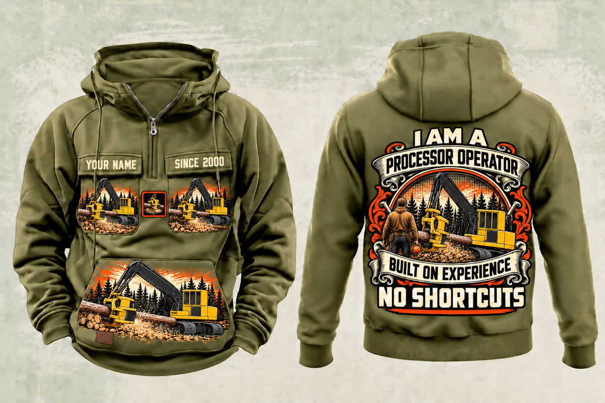 Personalized Tigercat H250D with 575 Processor Operator Vintage Hoodie in military-green, front and back artwork with YOUR NAME and SINCE 2000 sample text.