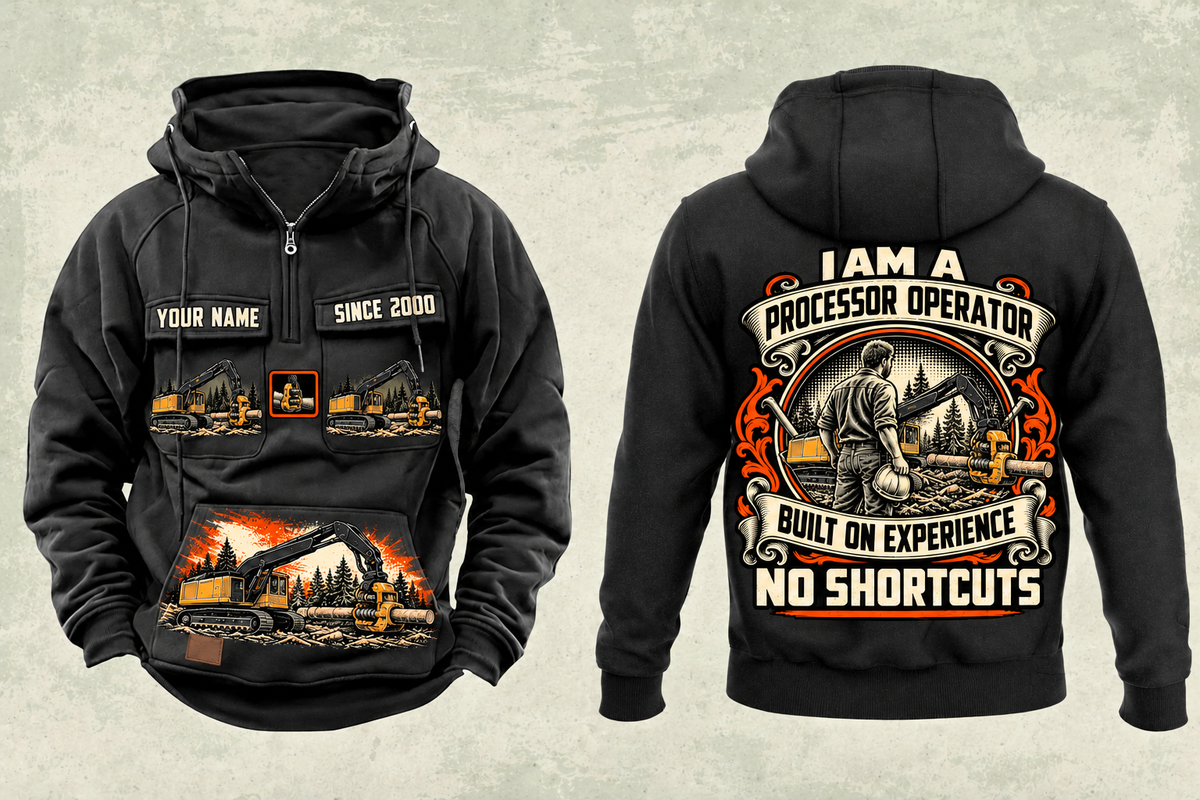 Personalized Tigercat 850 with 568 Processor Operator Vintage Hoodie in black, front and back artwork with YOUR NAME and SINCE 2000 sample text.
