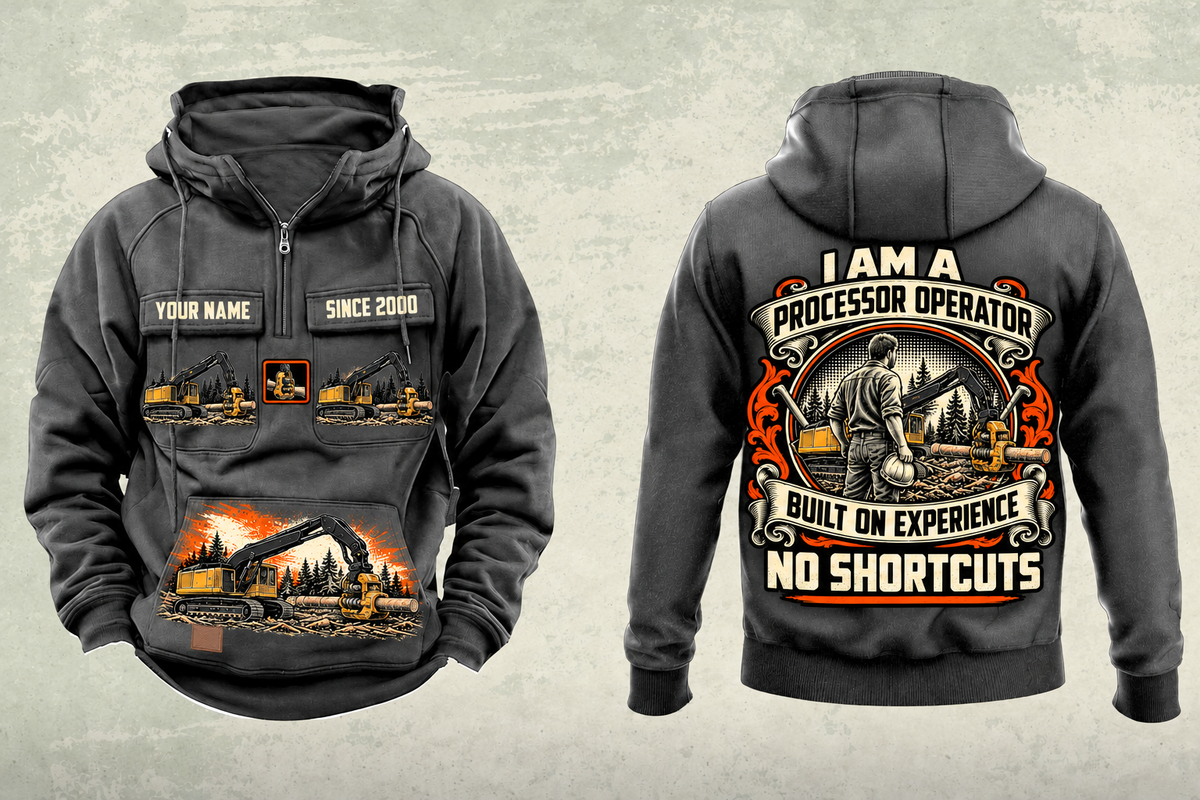 Personalized Tigercat 850 with 568 Processor Operator Vintage Hoodie in dark-gray, front and back artwork with YOUR NAME and SINCE 2000 sample text.
