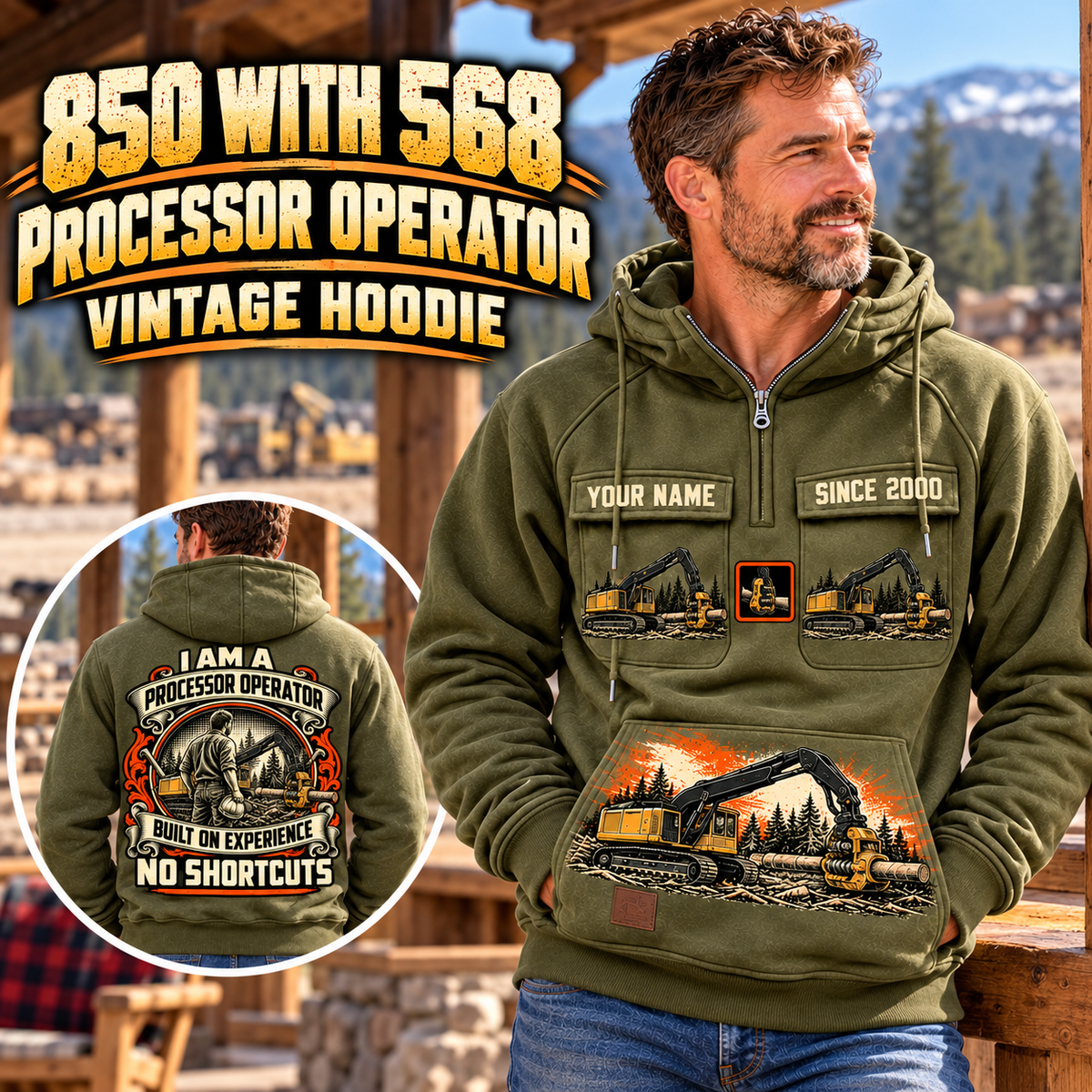 Personalized Tigercat 850 with 568 Processor Operator Vintage Hoodie in Military Green, front and back artwork with YOUR NAME and SINCE 2000 sample text.