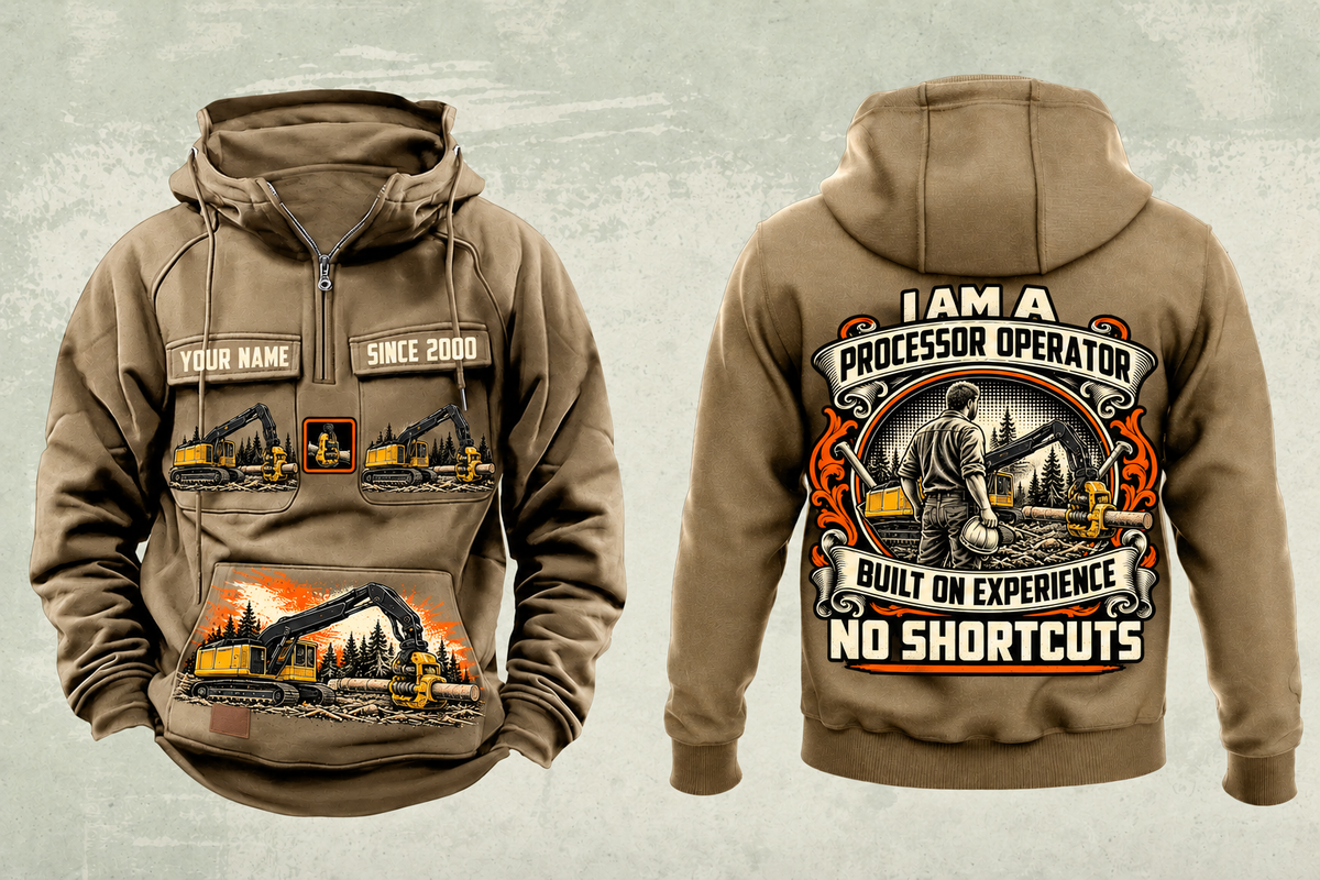 Personalized Tigercat 850 with 568 Processor Operator Vintage Hoodie in kaki, front and back artwork with YOUR NAME and SINCE 2000 sample text.