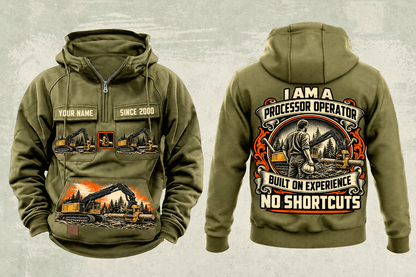 Personalized Tigercat 850 with 568 Processor Operator Vintage Hoodie in military-green, front and back artwork with YOUR NAME and SINCE 2000 sample text.