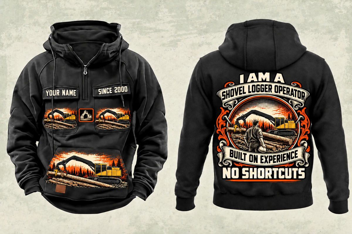 Personalized Tigercat S855E Live-Heel Shovel Logger Operator Vintage Hoodie in black, front and back artwork with YOUR NAME and SINCE 2000 sample text.
