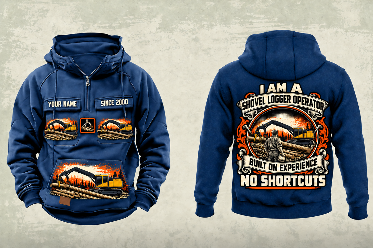 Personalized Tigercat S855E Live-Heel Shovel Logger Operator Vintage Hoodie in dark-blue, front and back artwork with YOUR NAME and SINCE 2000 sample text.