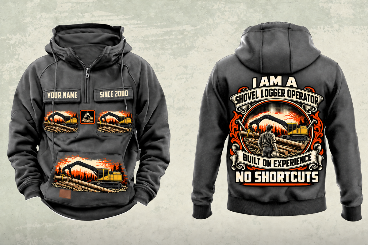Personalized Tigercat S855E Live-Heel Shovel Logger Operator Vintage Hoodie in dark-gray, front and back artwork with YOUR NAME and SINCE 2000 sample text.