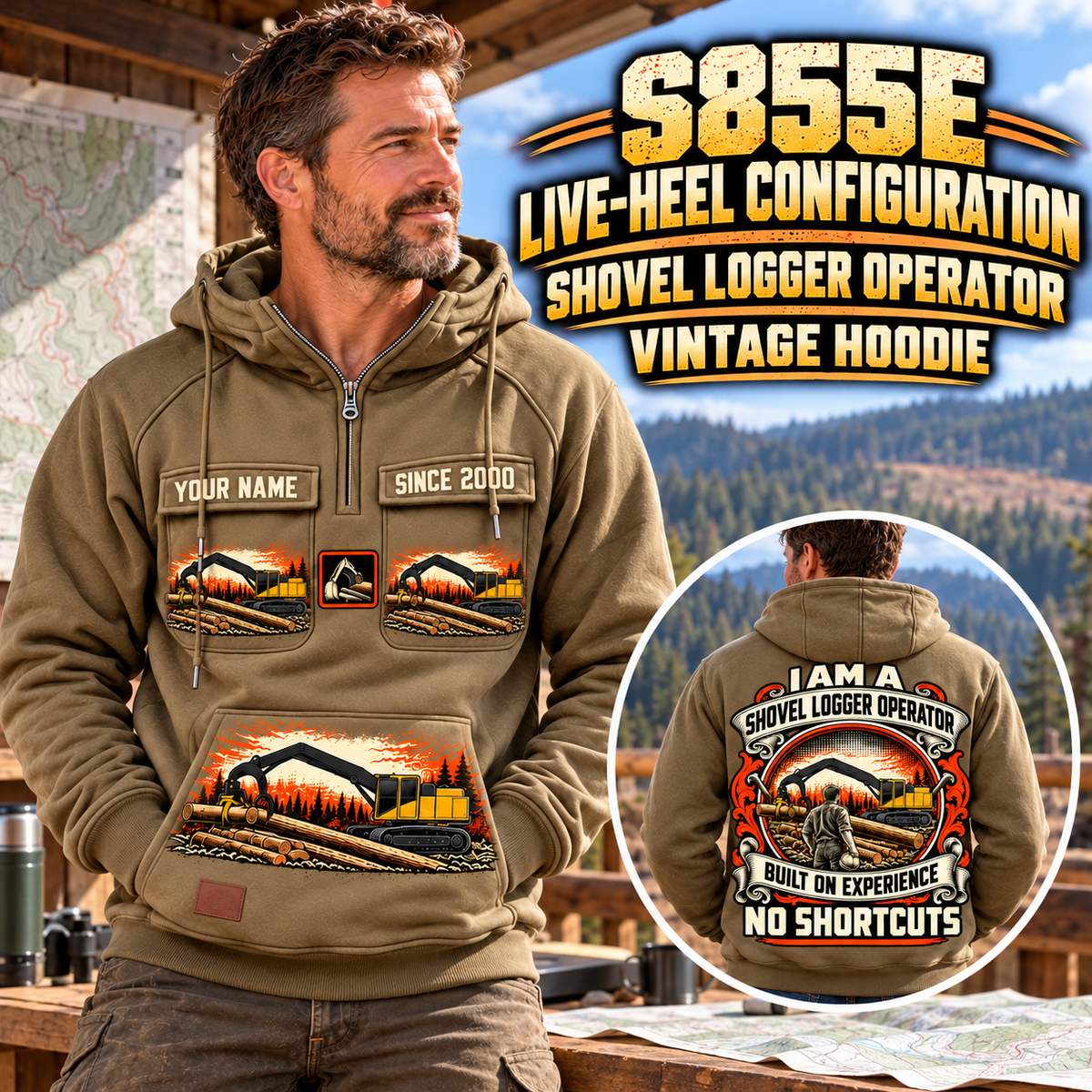 Personalized Tigercat S855E Live-Heel Shovel Logger Operator Vintage Hoodie in Kaki, front and back artwork with YOUR NAME and SINCE 2000 sample text.