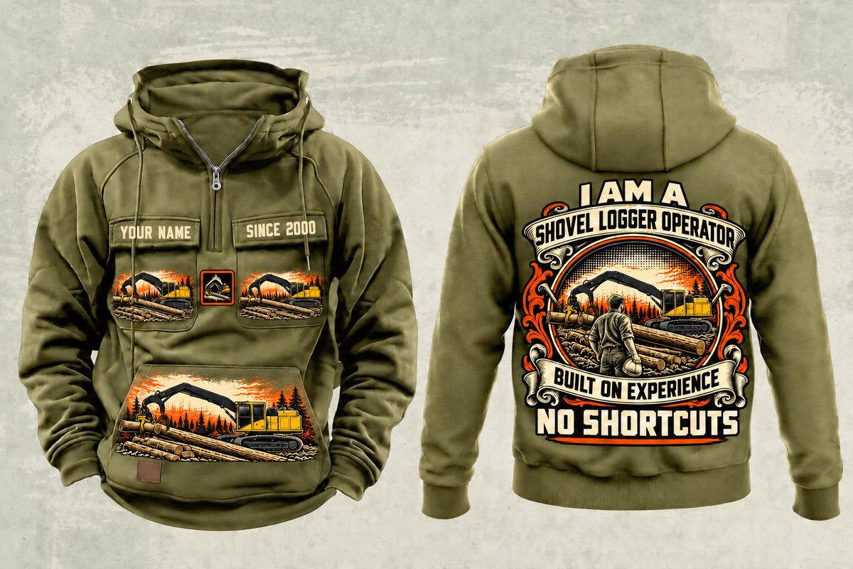 Personalized Tigercat S855E Live-Heel Shovel Logger Operator Vintage Hoodie in military-green, front and back artwork with YOUR NAME and SINCE 2000 sample text.