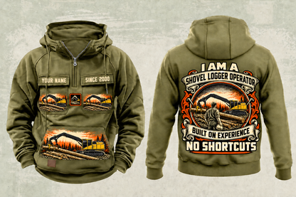 Personalized Tigercat S855E Live-Heel Shovel Logger Operator Vintage Hoodie in military-green, front and back artwork with YOUR NAME and SINCE 2000 sample text.