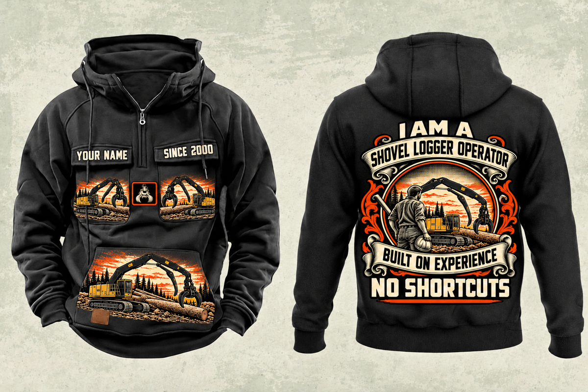 Personalized Tigercat LS855E Live-Heel Shovel Logger Operator Vintage Hoodie in black, front and back artwork with YOUR NAME and SINCE 2000 sample text.