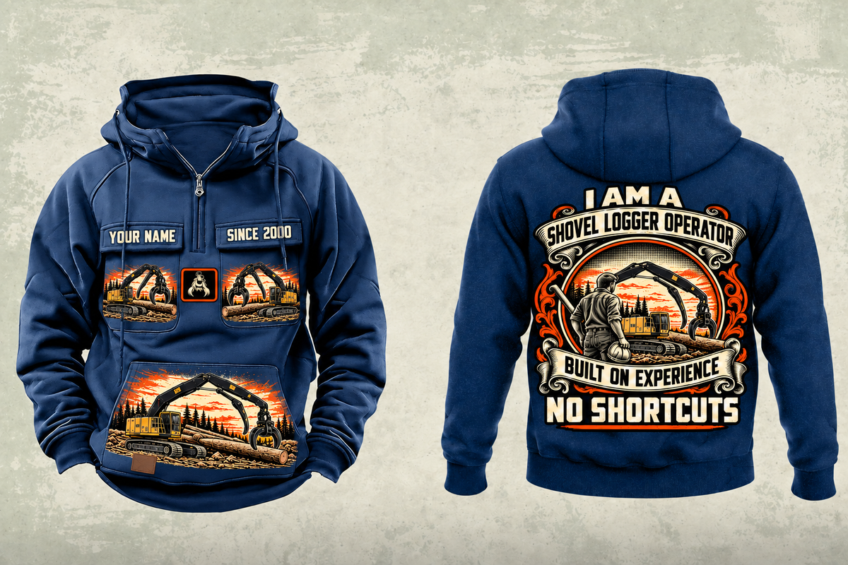 Personalized Tigercat LS855E Live-Heel Shovel Logger Operator Vintage Hoodie in dark-blue, front and back artwork with YOUR NAME and SINCE 2000 sample text.