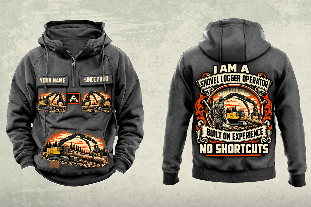 Personalized Tigercat LS855E Live-Heel Shovel Logger Operator Vintage Hoodie in dark-gray, front and back artwork with YOUR NAME and SINCE 2000 sample text.