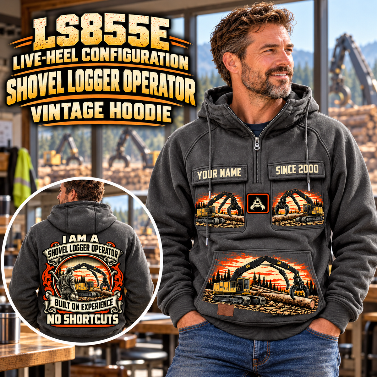 Personalized Tigercat LS855E Live-Heel Shovel Logger Operator Vintage Hoodie in Dark Gray, front and back artwork with YOUR NAME and SINCE 2000 sample text.