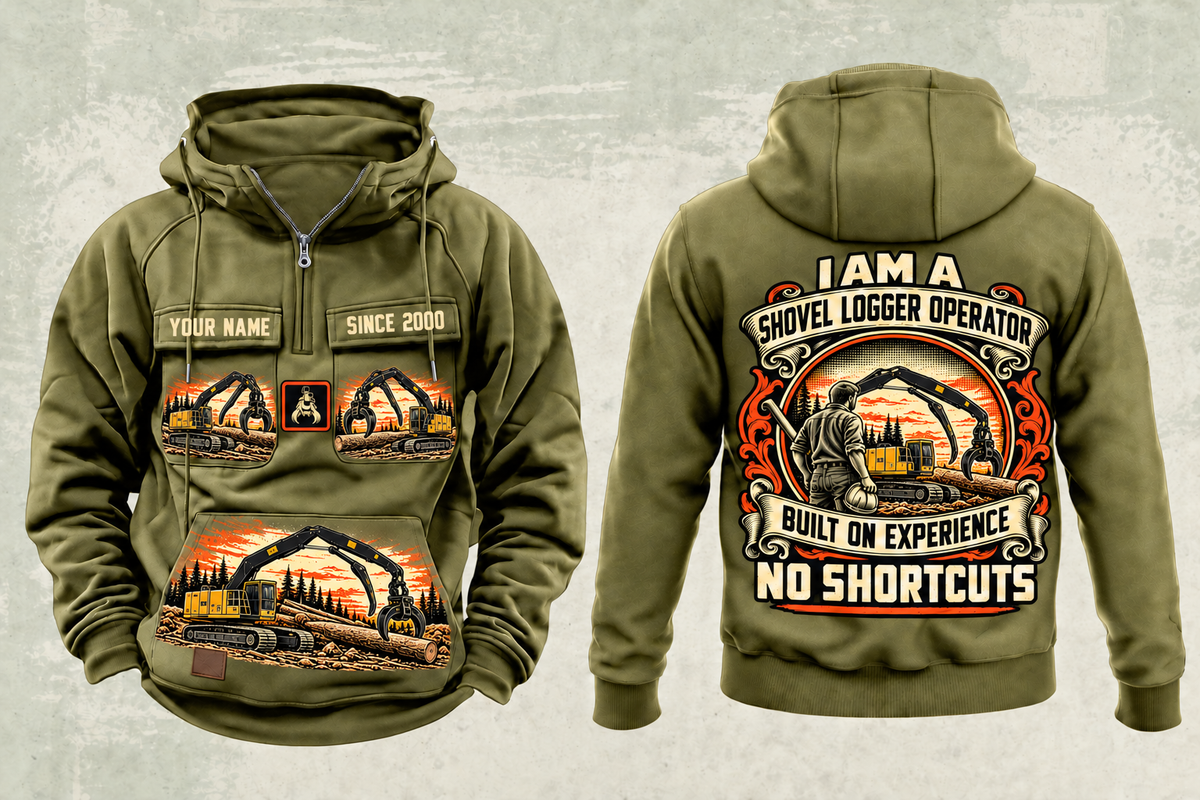 Personalized Tigercat LS855E Live-Heel Shovel Logger Operator Vintage Hoodie in military-green, front and back artwork with YOUR NAME and SINCE 2000 sample text.