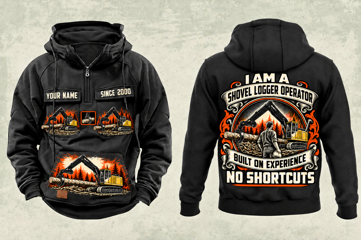 Personalized Tigercat 890 Live-Heel Shovel Logger Operator Vintage Hoodie in black, front and back artwork with YOUR NAME and SINCE 2000 sample text.