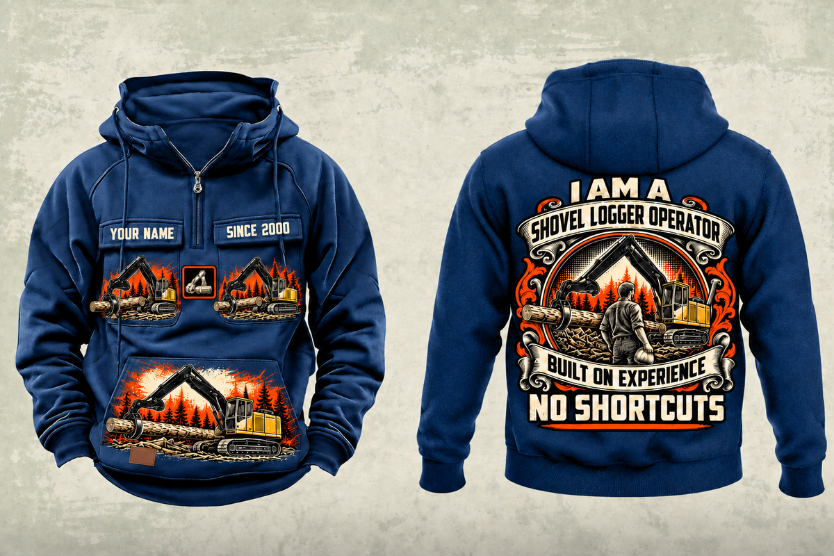 Personalized Tigercat 890 Live-Heel Shovel Logger Operator Vintage Hoodie in dark-blue, front and back artwork with YOUR NAME and SINCE 2000 sample text.