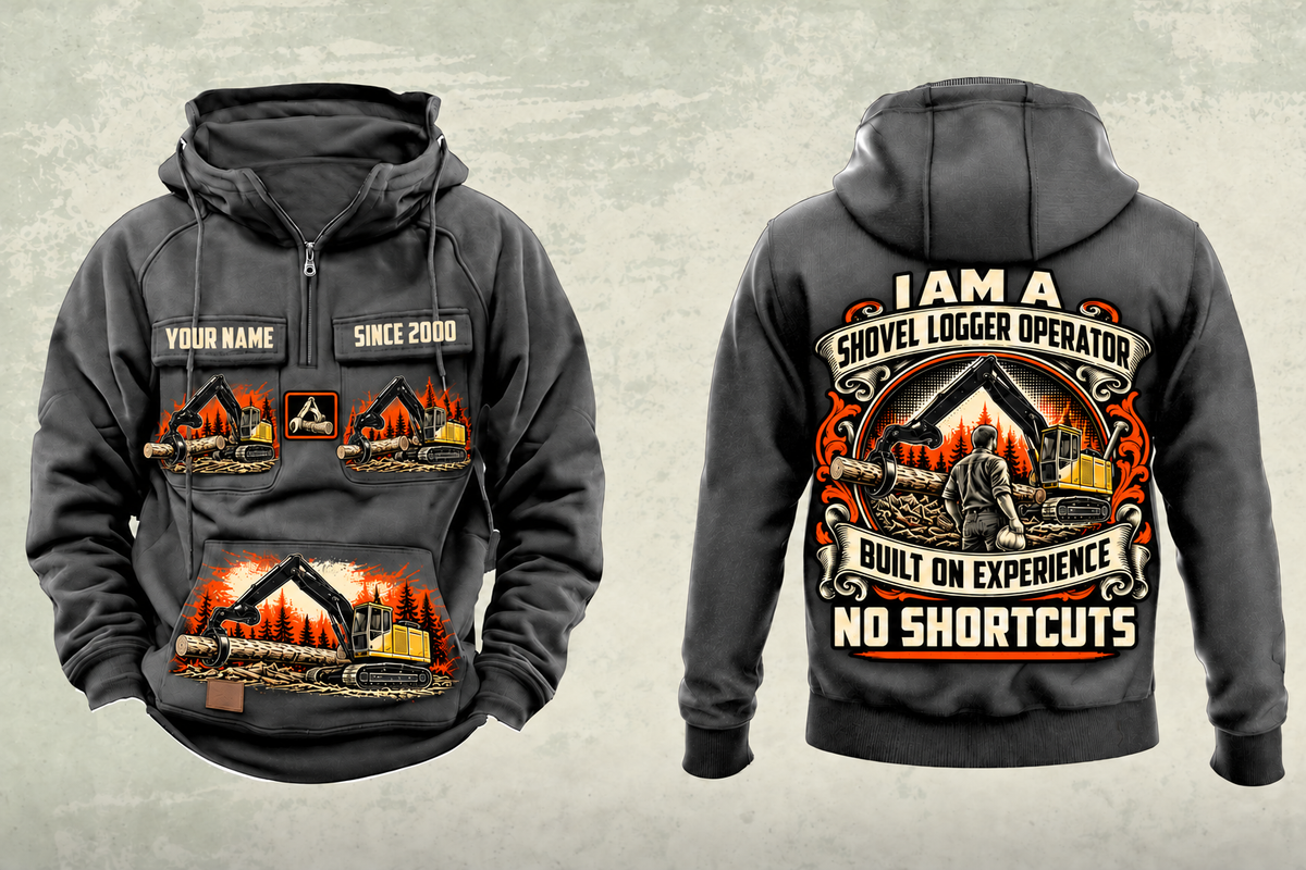 Personalized Tigercat 890 Live-Heel Shovel Logger Operator Vintage Hoodie in dark-gray, front and back artwork with YOUR NAME and SINCE 2000 sample text.