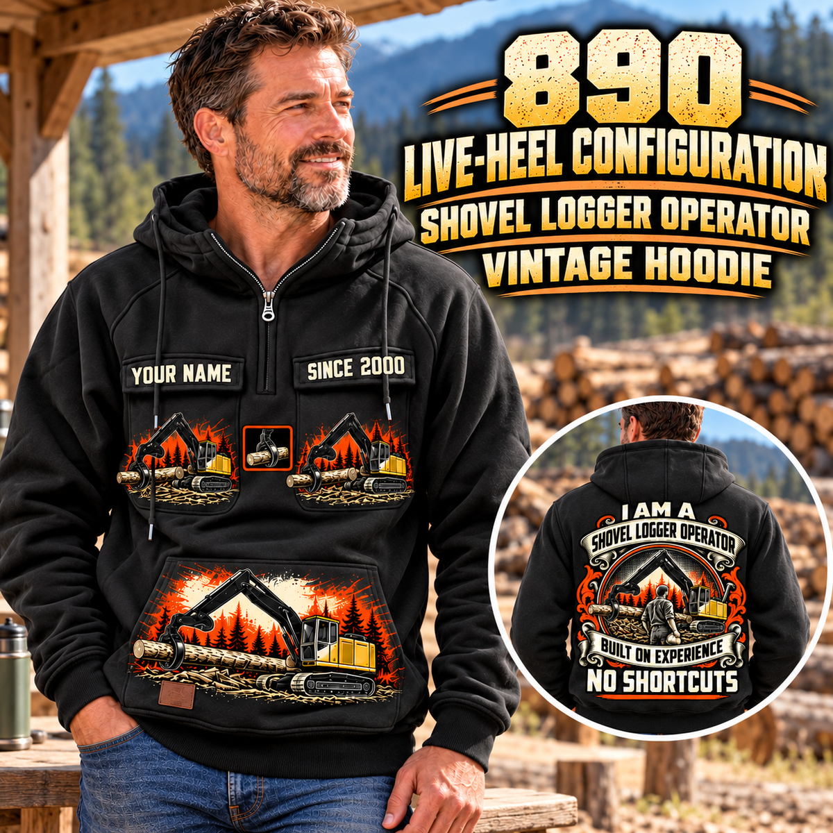 Personalized Tigercat 890 Live-Heel Shovel Logger Operator Vintage Hoodie in Black, front and back artwork with YOUR NAME and SINCE 2000 sample text.