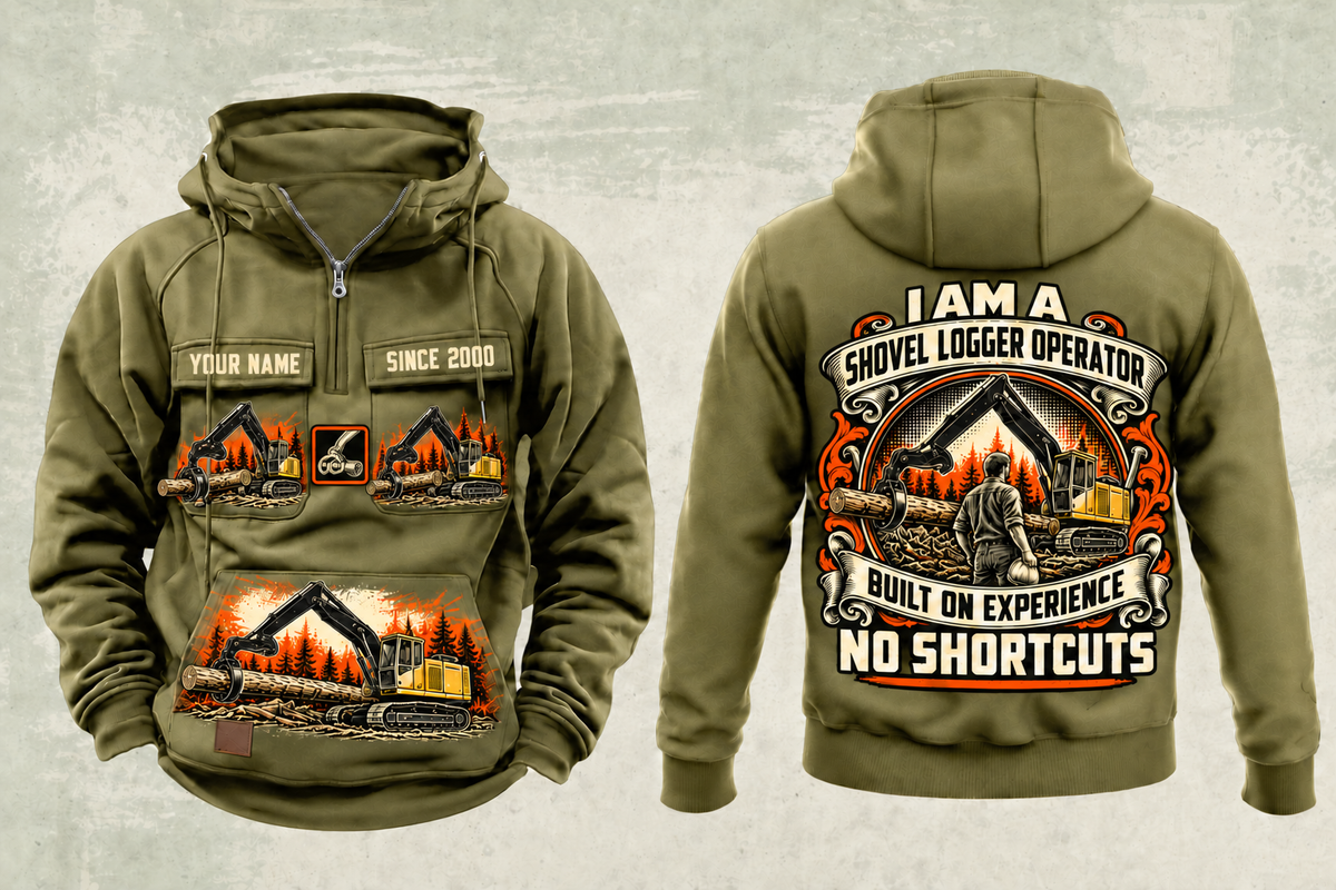 Personalized Tigercat 890 Live-Heel Shovel Logger Operator Vintage Hoodie in military-green, front and back artwork with YOUR NAME and SINCE 2000 sample text.