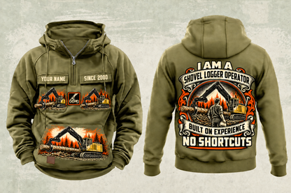 Personalized Tigercat 890 Live-Heel Shovel Logger Operator Vintage Hoodie in military-green, front and back artwork with YOUR NAME and SINCE 2000 sample text.