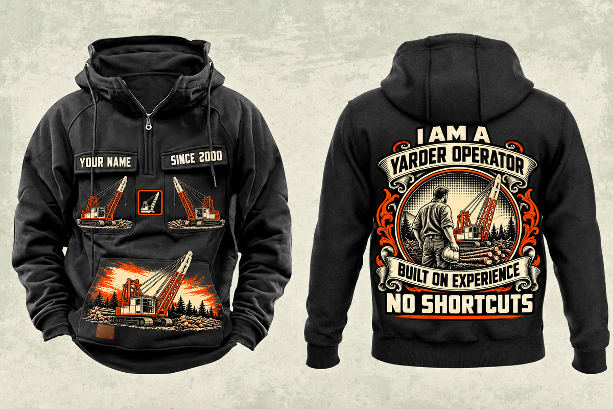 Personalized Madill 124 Yarder Operator Vintage Hoodie in black, front and back artwork with YOUR NAME and SINCE 2000 sample text.