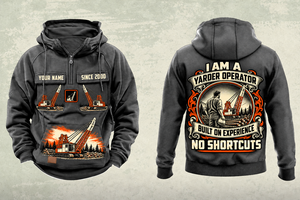 Personalized Madill 124 Yarder Operator Vintage Hoodie in dark-gray, front and back artwork with YOUR NAME and SINCE 2000 sample text.