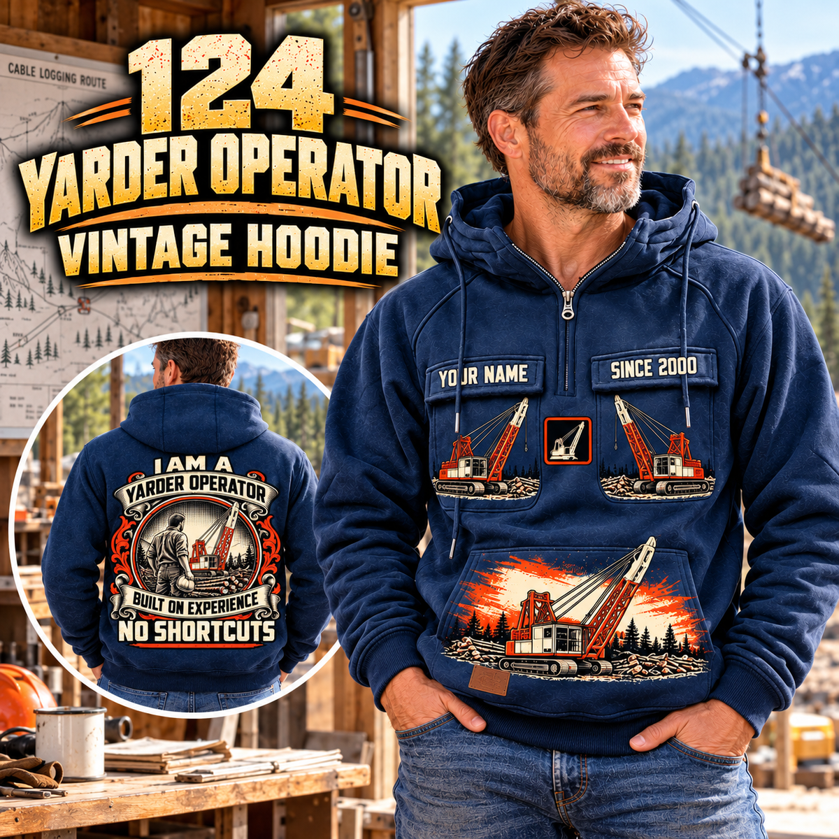 Personalized Madill 124 Yarder Operator Vintage Hoodie in Dark Blue, front and back artwork with YOUR NAME and SINCE 2000 sample text.