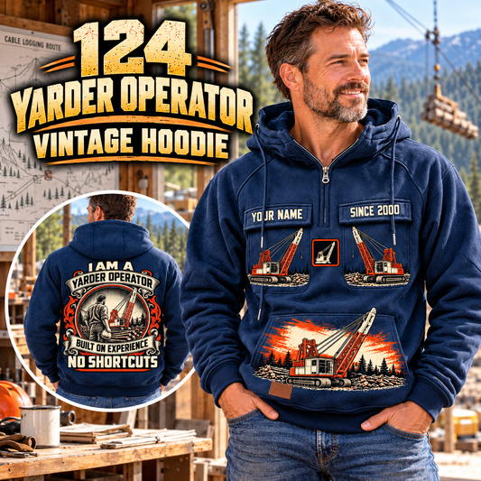 Personalized Madill 124 Yarder Operator Vintage Hoodie in Dark Blue, front and back artwork with YOUR NAME and SINCE 2000 sample text.