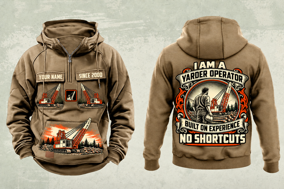 Personalized Madill 124 Yarder Operator Vintage Hoodie in kaki, front and back artwork with YOUR NAME and SINCE 2000 sample text.