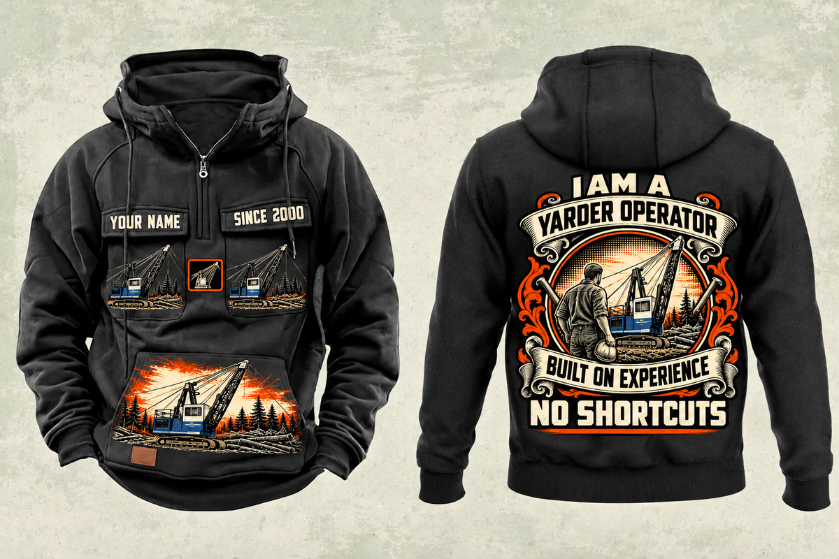 Personalized T-MAR Log Champ 550 Yarder Operator Vintage Hoodie in black, front and back artwork with YOUR NAME and SINCE 2000 sample text.