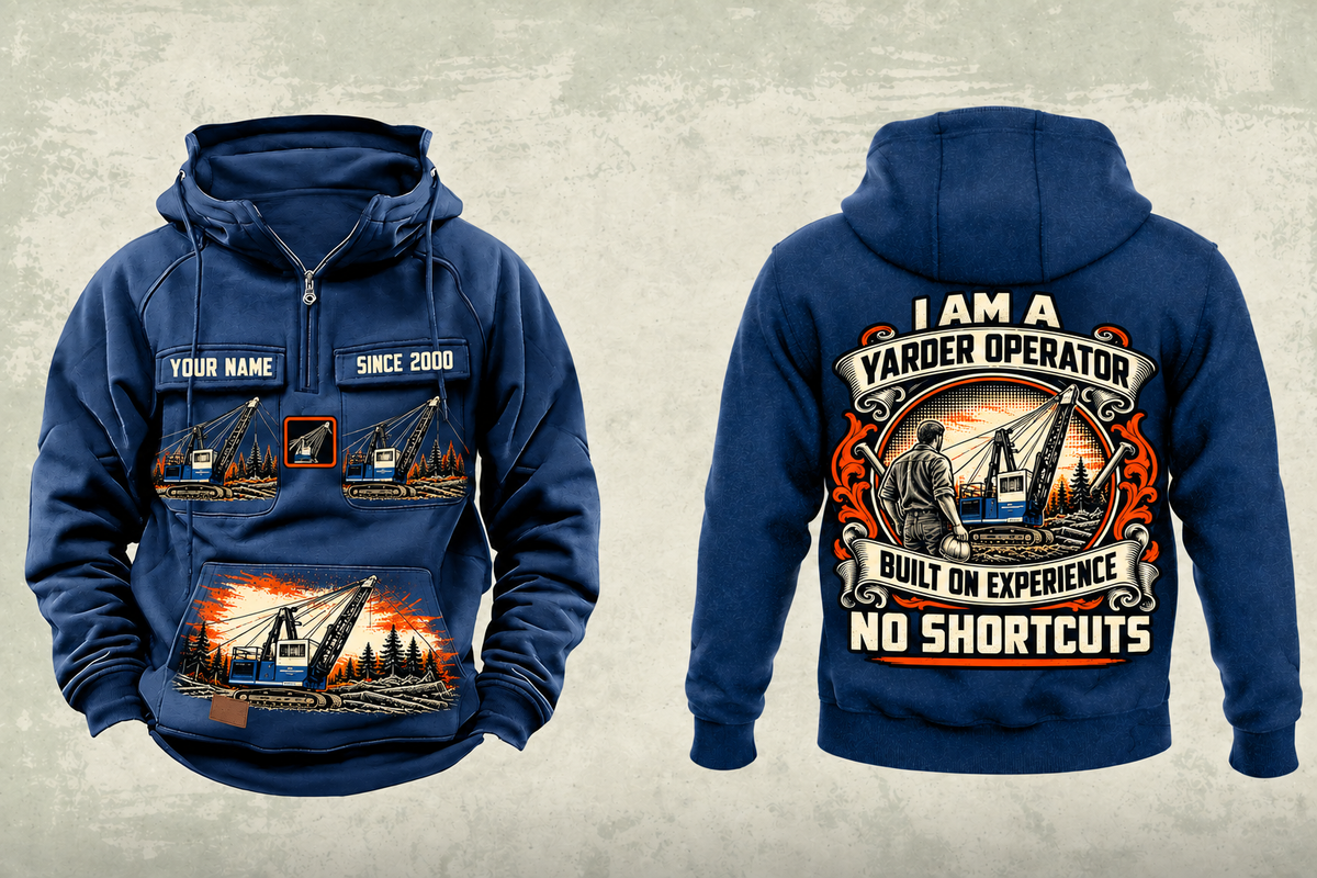 Personalized T-MAR Log Champ 550 Yarder Operator Vintage Hoodie in dark-blue, front and back artwork with YOUR NAME and SINCE 2000 sample text.