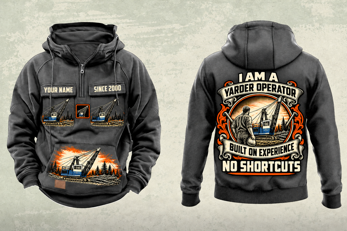 Personalized T-MAR Log Champ 550 Yarder Operator Vintage Hoodie in dark-gray, front and back artwork with YOUR NAME and SINCE 2000 sample text.