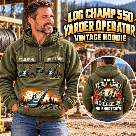 Personalized T-MAR Log Champ 550 Yarder Operator Vintage Hoodie in Military Green, front and back artwork with YOUR NAME and SINCE 2000 sample text.